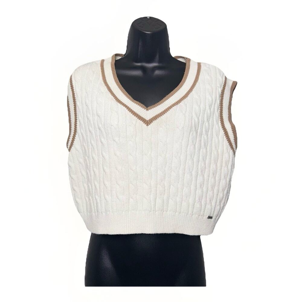 Hollister XL Ivory Brown Crop Boxy Sweater Vest Cable Knit V Neck Preppy School